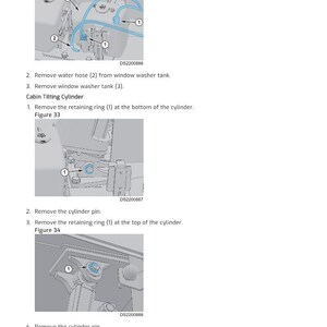 May include: Diagrams illustrating the removal and installation of vehicle components. The images show steps for disconnecting wiring harnesses, removing hoses, and removing retaining rings. Text includes "Window Washer Tank" and "Cabin Tilting Cylinder".