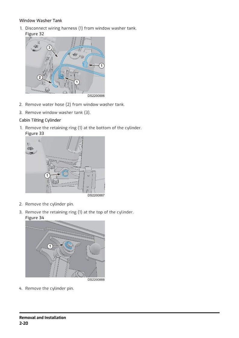 May include: Diagrams illustrating the removal and installation of vehicle components. The images show steps for disconnecting wiring harnesses, removing hoses, and removing retaining rings. Text includes "Window Washer Tank" and "Cabin Tilting Cylinder".