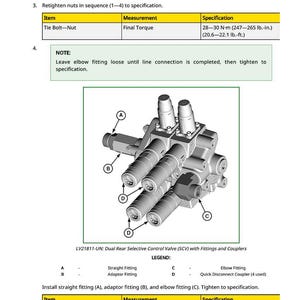 May include: Diagram of a dual rear selective control valve (SCV) with fittings and couplers. The diagram includes specifications for tightening tie bolts and fittings, with measurements in lb.-in. and lb.-ft.