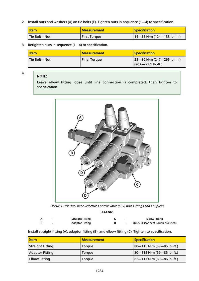 May include: Diagram of a dual rear selective control valve (SCV) with fittings and couplers. The diagram includes specifications for tightening tie bolts and fittings, with measurements in lb.-in. and lb.-ft.