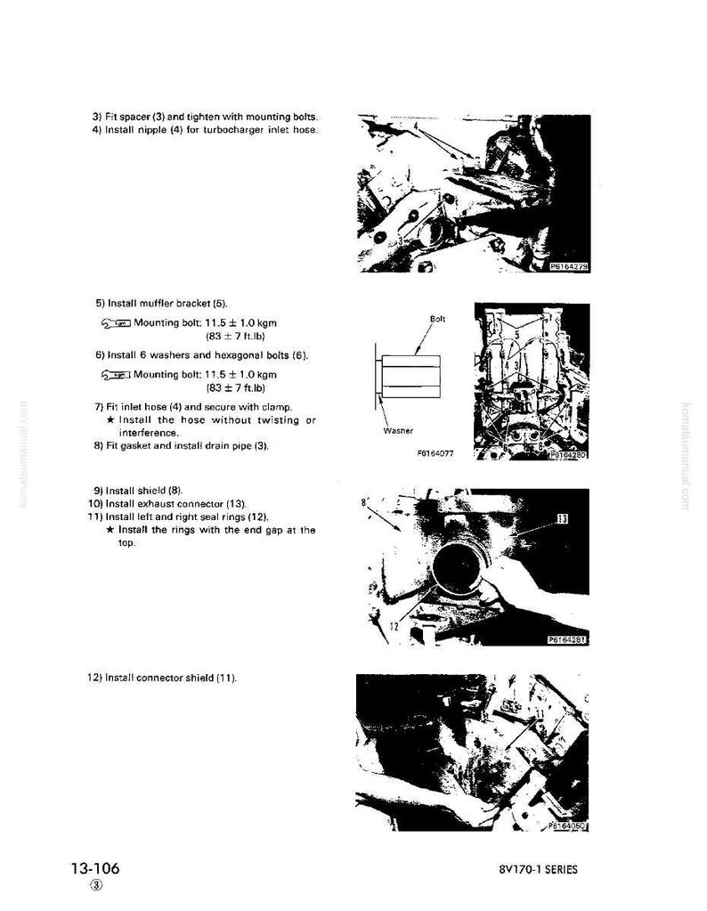 K&ouml;nnte beinhalten: Eine Motordiagramm mit Montageanweisungen. Das Bild zeigt Diagramme und Nahaufnahmen von Motorkomponenten, einschlie&szlig;lich Schrauben, Unterlegscheiben und einer Schalld&auml;mpferhalterung. Der Text enth&auml;lt Messungen in kgm.