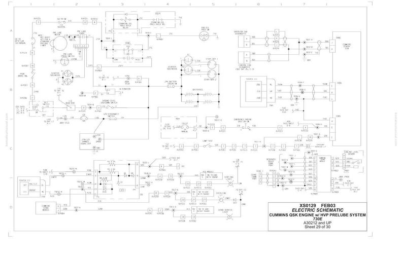 May include: A detailed electrical schematic diagram for a Cummins QSK engine with HVP Prelube System, labelled XS0129 FEB03. The diagram is complex, featuring numerous symbols and lines, and is printed on white paper.