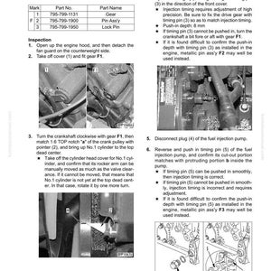 Puede incluir: Diagrama de inspecci&oacute;n y ajuste del tiempo de inyecci&oacute;n de combustible. Incluye n&uacute;meros de pieza, nombres de pieza e instrucciones con diagramas. Presenta im&aacute;genes de cerca de componentes del motor y ubicaciones de pasadores.