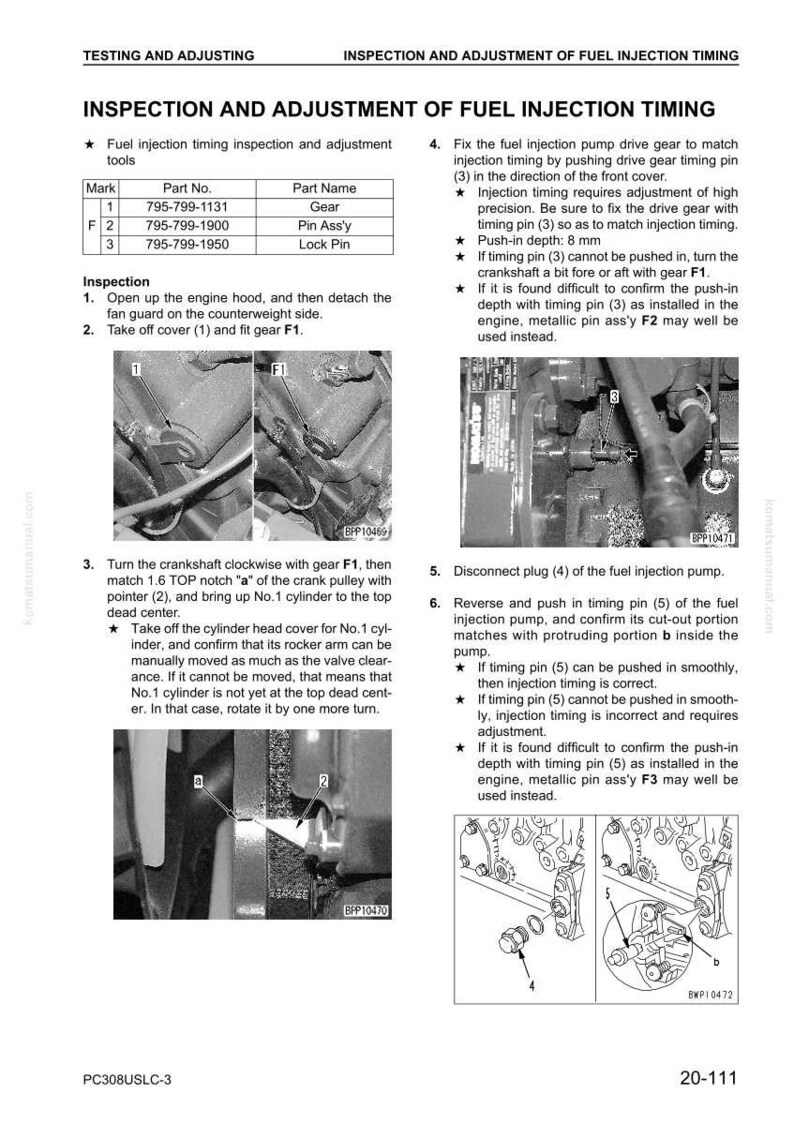 Puede incluir: Diagrama de inspecci&oacute;n y ajuste del tiempo de inyecci&oacute;n de combustible. Incluye n&uacute;meros de pieza, nombres de pieza e instrucciones con diagramas. Presenta im&aacute;genes de cerca de componentes del motor y ubicaciones de pasadores.