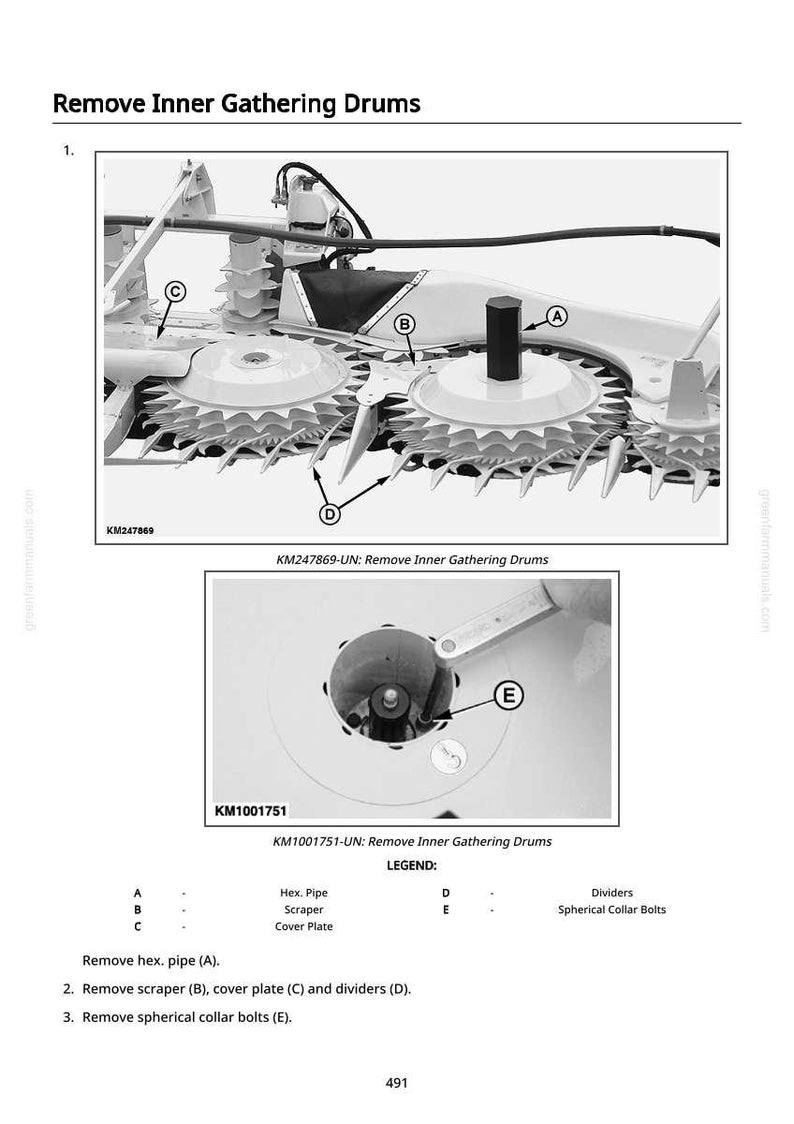 May include: Diagram illustrating the process of removing inner gathering drums. The image shows detailed views of the machinery components, including hex pipes, scrapers, cover plates, dividers, and spherical collar bolts. Text labels and a legend are included.