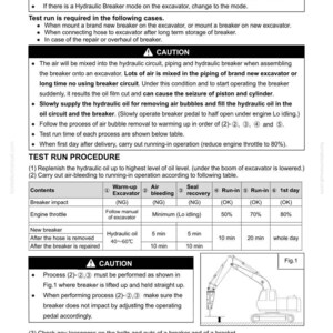 May include: A page from a manual detailing the testing and adjustment procedures for a hydraulic breaker. The document includes safety warnings, test run procedures, and a table outlining warm-up, air bleeding, and seal recovery times. A diagram of an excavator is also included.