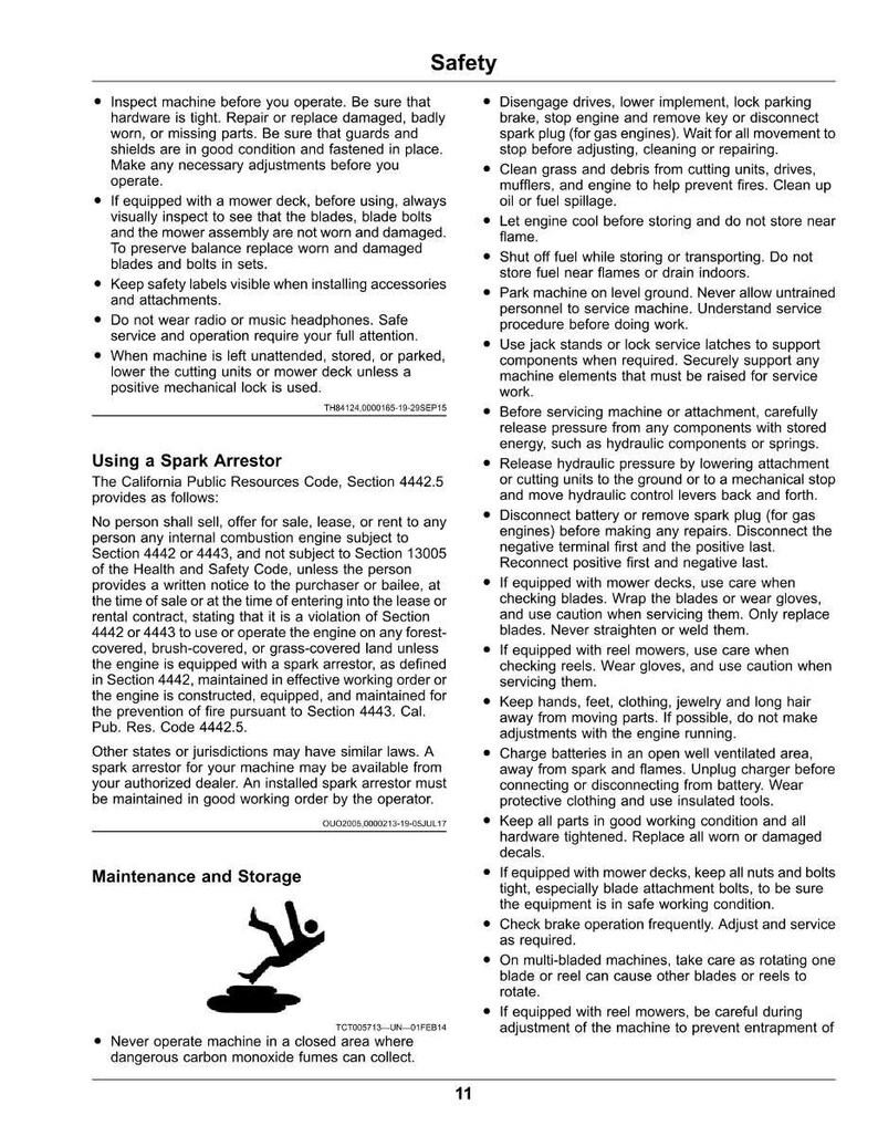 Pu&ograve; includere: Una pagina di un manuale di sicurezza con istruzioni per l'uso e la manutenzione dei macchinari. Il testo include avvertenze sull'ispezione della macchina, l'uso di dispositivi di sicurezza e la corretta conservazione. La pagina include anche informazioni sui dispositivi antiscintilla.