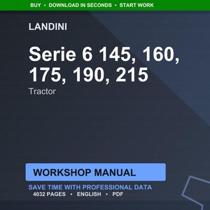 Op de afbeelding: Donkerblauwe afbeelding met de tekst "LANDINI Serie 6 145, 160, 175, 190, 215 Tractor." Daaronder staat een blauwe rechthoek met de woorden "WORKSHOP MANUAL." De tekst "SAVE TIME WITH PROFESSIONAL DATA" is ook zichtbaar.