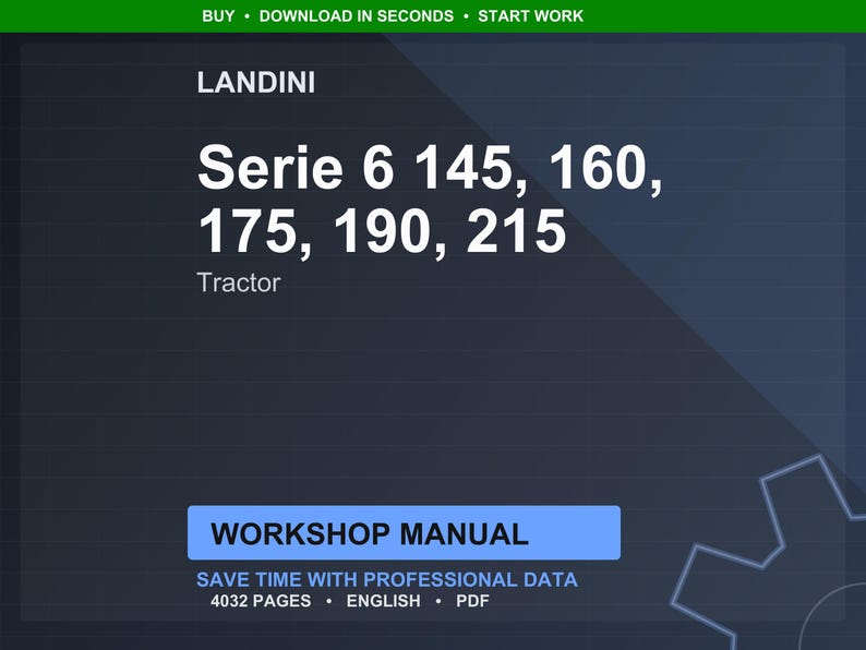 Op de afbeelding: Donkerblauwe afbeelding met de tekst "LANDINI Serie 6 145, 160, 175, 190, 215 Tractor." Daaronder staat een blauwe rechthoek met de woorden "WORKSHOP MANUAL." De tekst "SAVE TIME WITH PROFESSIONAL DATA" is ook zichtbaar.