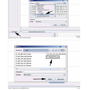 K&ouml;nnte beinhalten: Screenshot einer Softwareoberfl&auml;che mit mehreren Fenstern und Optionen. Die Oberfl&auml;che enth&auml;lt Text in Deutsch und Englisch mit Optionen zum &Ouml;ffnen von Dateien und Suchen nach Daten. Das Bild stammt aus einem Fendt-Handbuch.