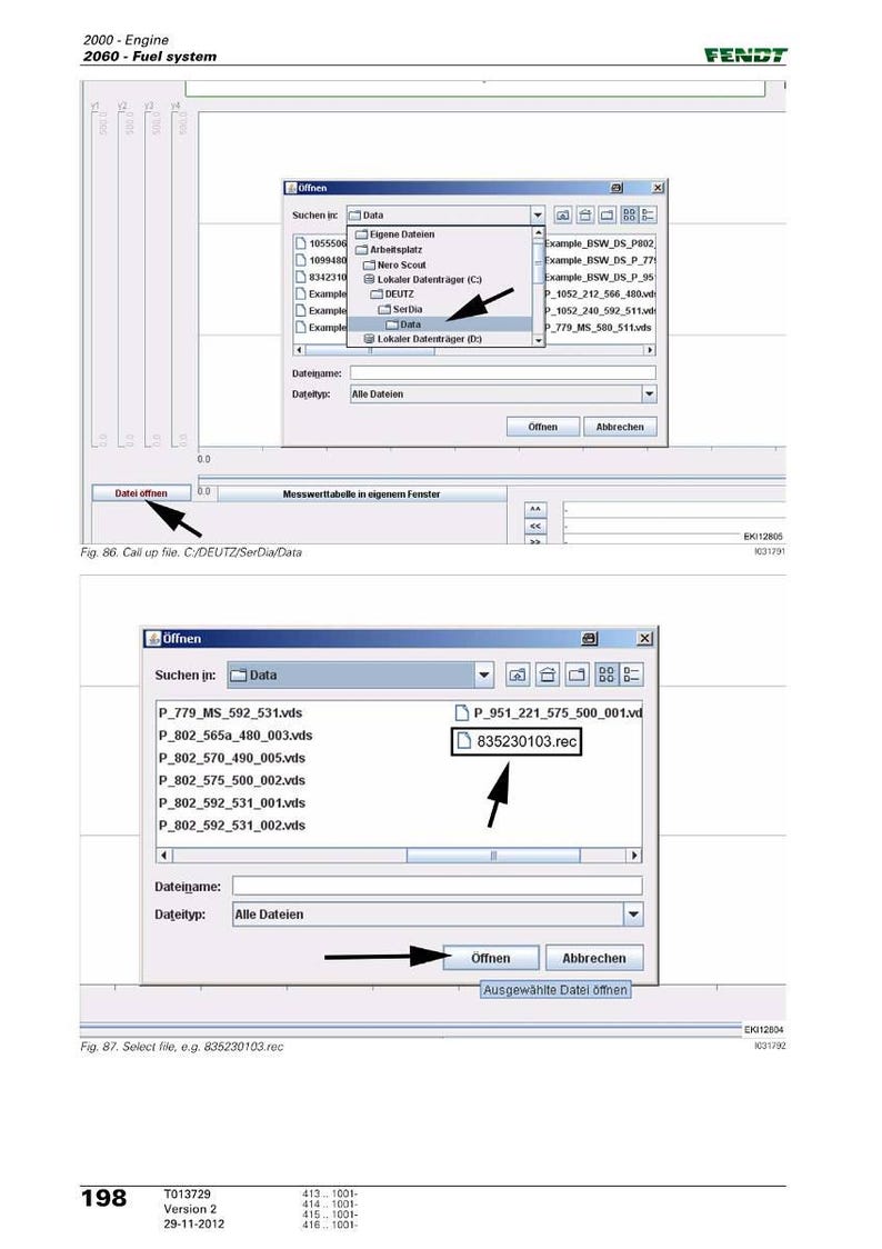 K&ouml;nnte beinhalten: Screenshot einer Softwareoberfl&auml;che mit mehreren Fenstern und Optionen. Die Oberfl&auml;che enth&auml;lt Text in Deutsch und Englisch mit Optionen zum &Ouml;ffnen von Dateien und Suchen nach Daten. Das Bild stammt aus einem Fendt-Handbuch.