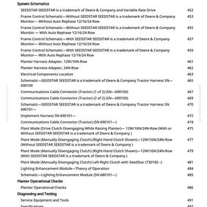 May include: A printed page from a manual with a list of technical specifications and schematics for agricultural equipment. The text includes terms like "Planter," "Tractor," and "SEEDSTAR," with page numbers on the right.