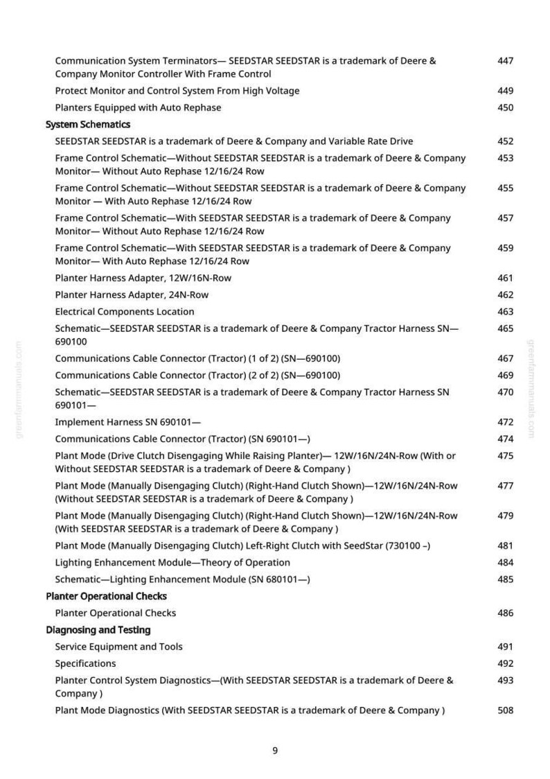 May include: A printed page from a manual with a list of technical specifications and schematics for agricultural equipment. The text includes terms like "Planter," "Tractor," and "SEEDSTAR," with page numbers on the right.