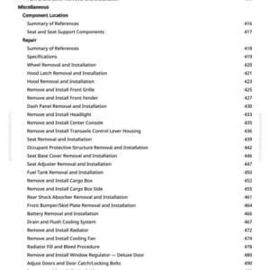 May include: A page from a greenfarmmanuals.com manual, detailing automotive repair procedures. The text lists instructions for brake, engine, and body component removal and installation, with page numbers.
