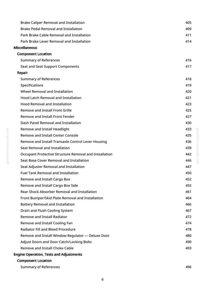 May include: A page from a greenfarmmanuals.com manual, detailing automotive repair procedures. The text lists instructions for brake, engine, and body component removal and installation, with page numbers.