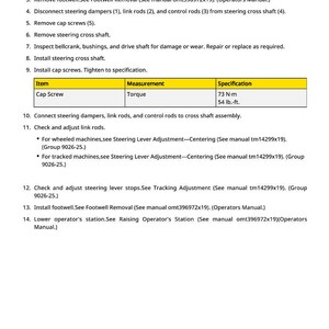 May include: A manual page detailing machine maintenance procedures. Instructions cover removing and installing parts, with a table specifying torque values: 73 N-m or 54 lb.-ft. The text guides on checking and adjusting various components.