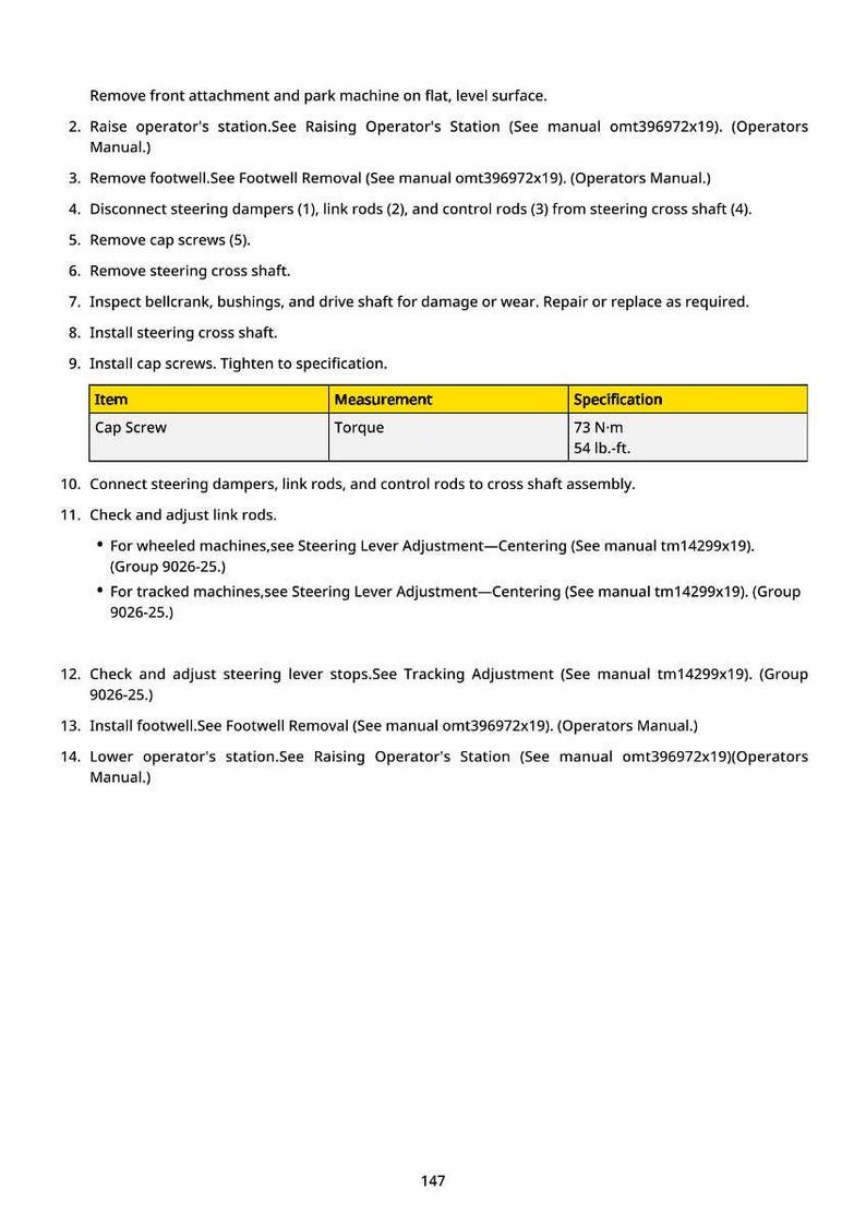May include: A manual page detailing machine maintenance procedures. Instructions cover removing and installing parts, with a table specifying torque values: 73 N-m or 54 lb.-ft. The text guides on checking and adjusting various components.