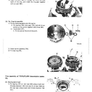 May include: Diagram of TOROFLOW transmission assembly with detailed parts illustrations. Includes ring gear, sun gear, carrier assembly, bearings, and oil seals. Text labels identify components and assembly steps. Measurements are in millimeters.
