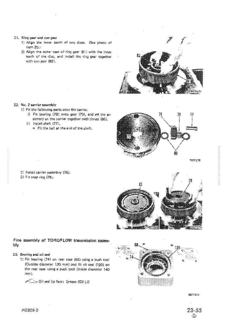 May include: Diagram of TOROFLOW transmission assembly with detailed parts illustrations. Includes ring gear, sun gear, carrier assembly, bearings, and oil seals. Text labels identify components and assembly steps. Measurements are in millimeters.