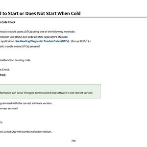 May include: A white page with the title "Engine Hard to Start or Does Not Start When Cold". The page contains diagnostic and troubleshooting steps for engine issues, including checking diagnostic trouble codes and engine software.