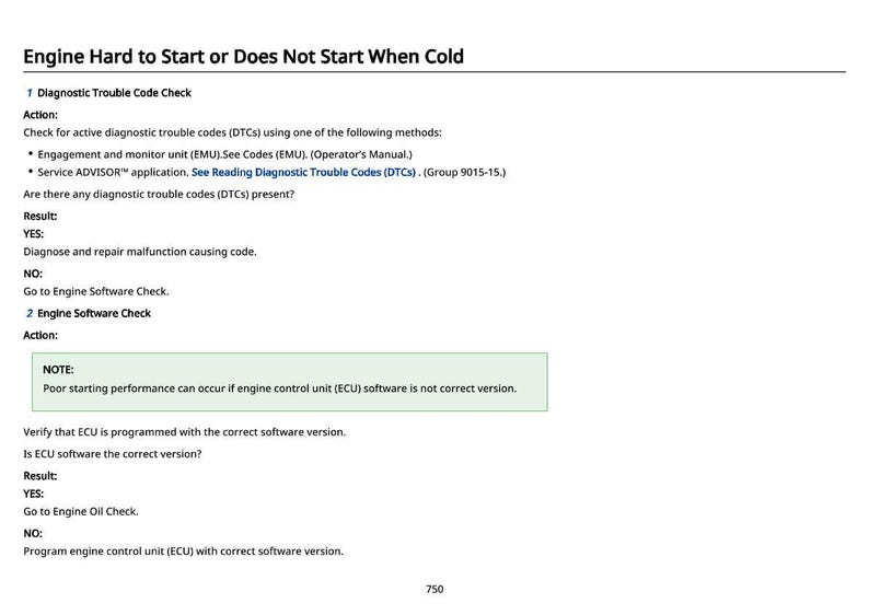 May include: A white page with the title "Engine Hard to Start or Does Not Start When Cold". The page contains diagnostic and troubleshooting steps for engine issues, including checking diagnostic trouble codes and engine software.