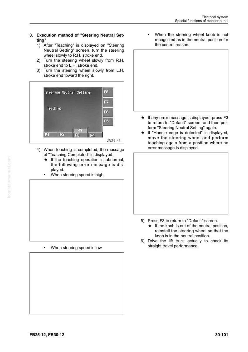 K&ouml;nnte beinhalten: Eine technische Zeichnung aus einem Handbuch f&uuml;r elektrische Systeme, die die Ausf&uuml;hrungsmethode f&uuml;r &bdquo;Lenkneutralstellung&ldquo; detailliert. Das Bild enth&auml;lt Bildschirmaufnahmen mit Text und Anweisungen zur Kalibrierung und Fehlerbehebung.