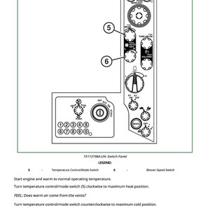 May include: A diagram of a switch panel with multiple controls and labels. The panel features buttons, dials, and a mode selector. Text at the bottom reads "TX1131984-UN: Switch Panel" and provides operational instructions.