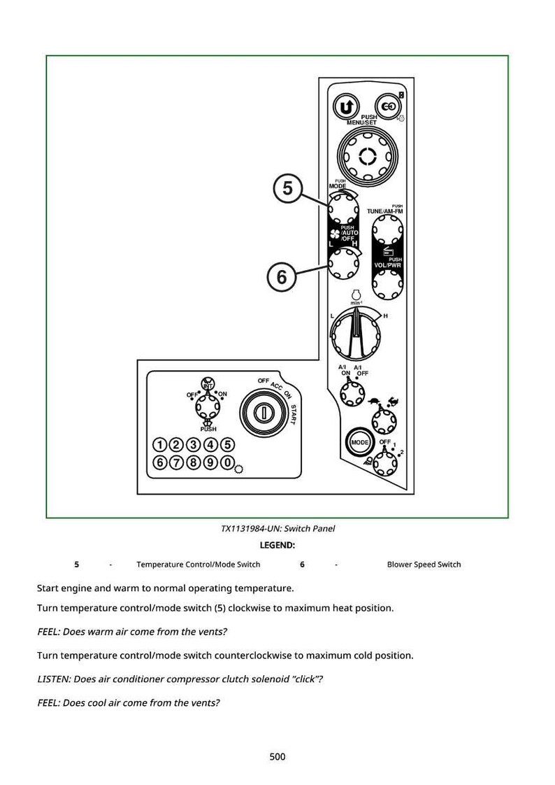May include: A diagram of a switch panel with multiple controls and labels. The panel features buttons, dials, and a mode selector. Text at the bottom reads "TX1131984-UN: Switch Panel" and provides operational instructions.