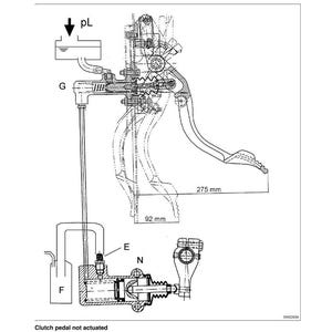 May include: Diagram of a clutch actuation system, with dimensions of 92 mm and 275 mm. The diagram includes labels for components such as the feed reservoir, bleed unit, and slave cylinder. Text at the top reads "Farmer 300 C" and "Clutch actuation system."