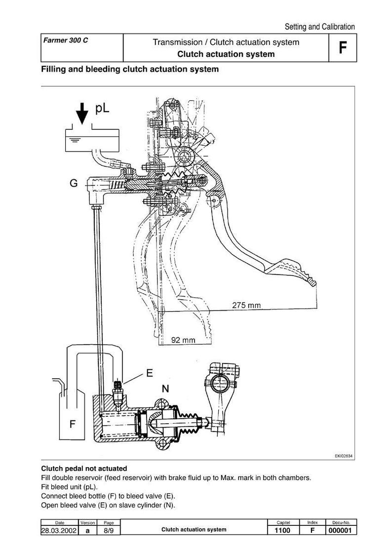 May include: Diagram of a clutch actuation system, with dimensions of 92 mm and 275 mm. The diagram includes labels for components such as the feed reservoir, bleed unit, and slave cylinder. Text at the top reads "Farmer 300 C" and "Clutch actuation system."