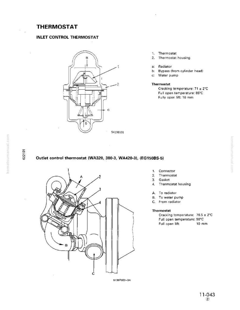 May include: Technical diagram of a thermostat, labeled "THERMOSTAT" and "INLET CONTROL THERMOSTAT." The diagram includes detailed illustrations of the thermostat's components, with measurements in millimeters and Celsius. The diagram also includes the cracking and full open temperatures.
