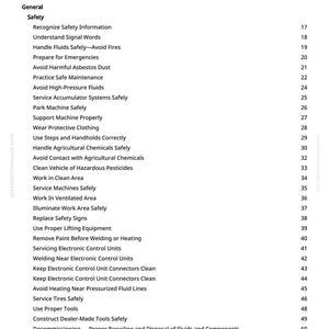 May include: A white page titled "Table of Contents" with a list of safety-related topics. The list includes topics like "Handle Fluids Safely" and "Avoid Harmful Asbestos Dust". The page number is 2.