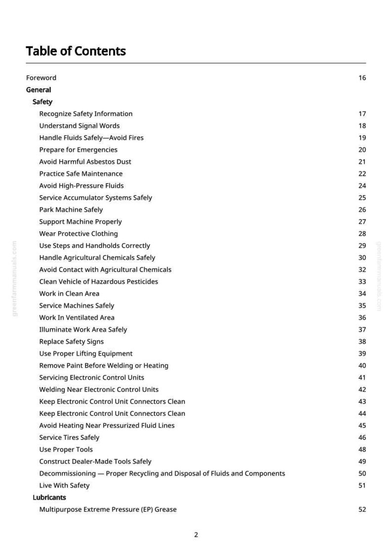 May include: A white page titled "Table of Contents" with a list of safety-related topics. The list includes topics like "Handle Fluids Safely" and "Avoid Harmful Asbestos Dust". The page number is 2.