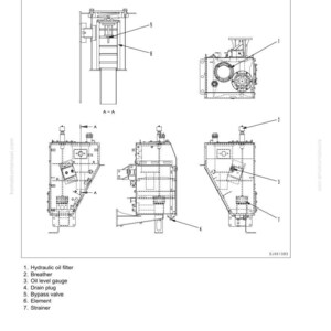 Pu&ograve; includere: Diagramma tecnico di un serbatoio idraulico e sistema di filtraggio, con etichette per componenti come il filtro dell'olio idraulico e il tappo di scarico. L'immagine include pi&ugrave; viste e sezioni trasversali.