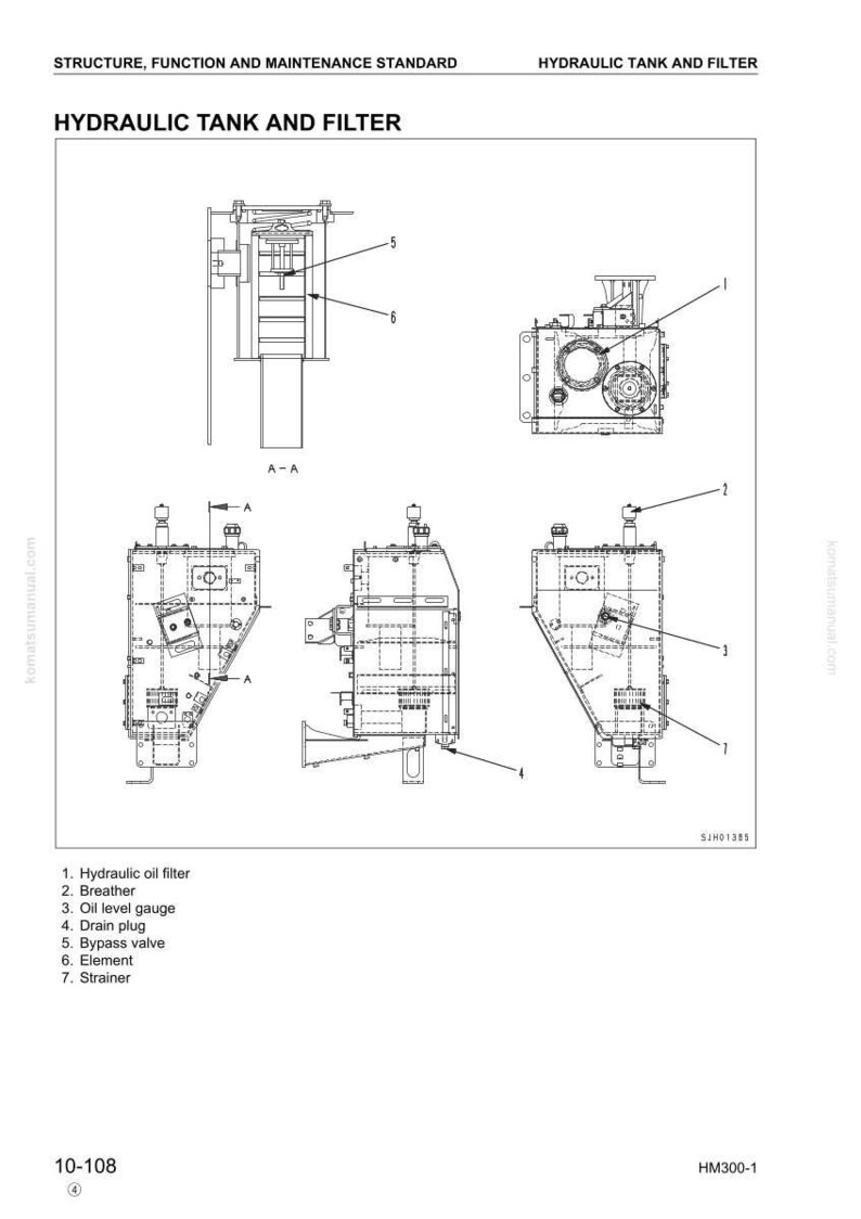 Pu&ograve; includere: Diagramma tecnico di un serbatoio idraulico e sistema di filtraggio, con etichette per componenti come il filtro dell'olio idraulico e il tappo di scarico. L'immagine include pi&ugrave; viste e sezioni trasversali.