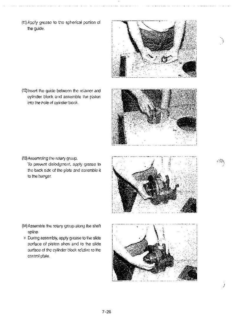 Op de afbeelding: Een pagina uit een handleiding met stapsgewijze instructies voor het monteren van een mechanisch onderdeel. De afbeeldingen tonen handen die met onderdelen werken, met tekst die elke stap beschrijft, inclusief het aanbrengen van vet en het monteren van de roterende groep.