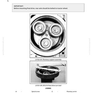 May include: Diagram of tractor parts, including planetary gears, a support assembly, and a final drive turn tool. Text instructions and labels are included, such as "Install planetary gears" and "LV102-UN: Planetary support assembly."