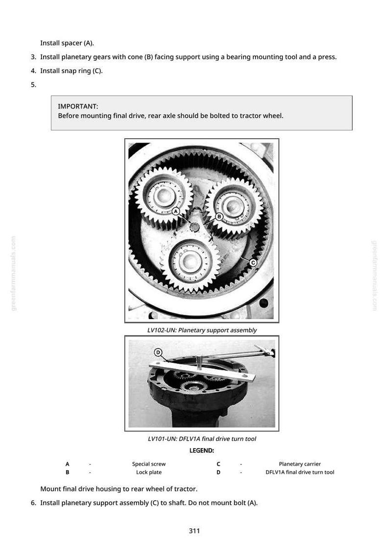 May include: Diagram of tractor parts, including planetary gears, a support assembly, and a final drive turn tool. Text instructions and labels are included, such as "Install planetary gears" and "LV102-UN: Planetary support assembly."