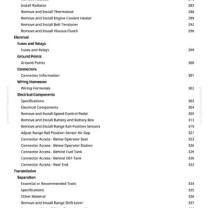 May include: A page from a greenfarmmanuals.com manual, listing automotive repair procedures. The text includes sections on electrical components, transmission, and engine repair, with page numbers.