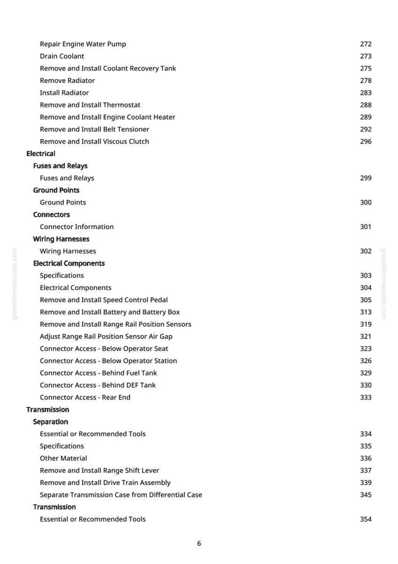 May include: A page from a greenfarmmanuals.com manual, listing automotive repair procedures. The text includes sections on electrical components, transmission, and engine repair, with page numbers.