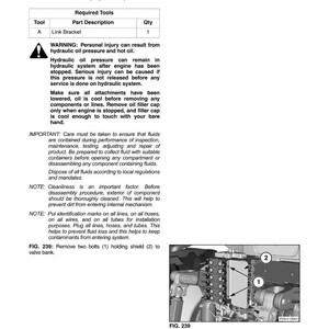 May include: Diagram of a control valve bank with labels and instructions for disassembly and assembly. Includes a warning about hydraulic oil pressure and hot oil, and notes on cleanliness and fluid handling.