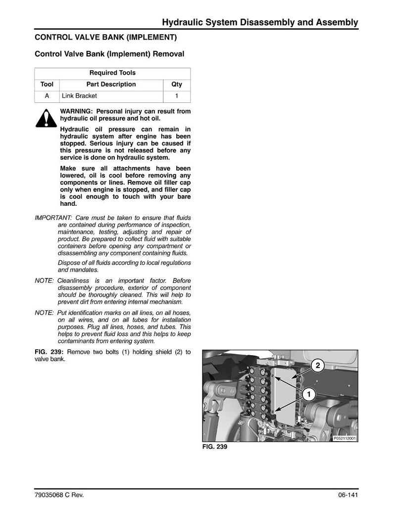May include: Diagram of a control valve bank with labels and instructions for disassembly and assembly. Includes a warning about hydraulic oil pressure and hot oil, and notes on cleanliness and fluid handling.