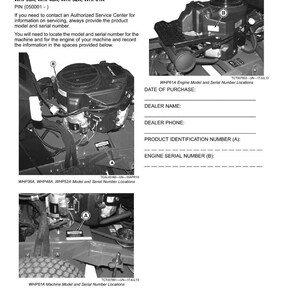 Puede incluir: Una gu&iacute;a de identificaci&oacute;n de productos con im&aacute;genes de componentes del motor y piezas de la m&aacute;quina. El documento incluye secciones para registrar los n&uacute;meros de modelo y serie, con las etiquetas A y B. El texto incluye n&uacute;meros de modelo e instrucciones.