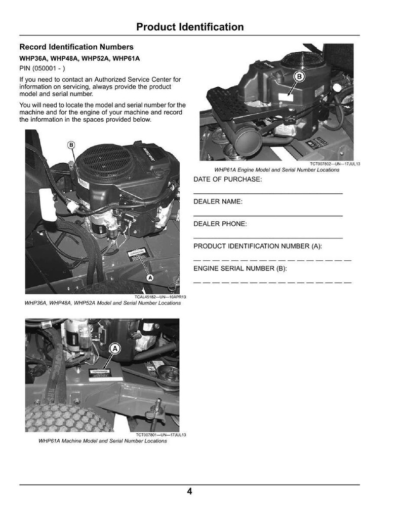 Puede incluir: Una gu&iacute;a de identificaci&oacute;n de productos con im&aacute;genes de componentes del motor y piezas de la m&aacute;quina. El documento incluye secciones para registrar los n&uacute;meros de modelo y serie, con las etiquetas A y B. El texto incluye n&uacute;meros de modelo e instrucciones.