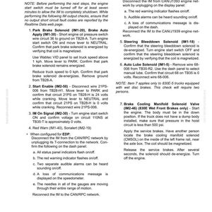May include: A technical document page with the title "30 Testing and adjusting" and instructions for checking outputs from the IM. The page includes diagrams and numbered steps for various tests, such as the Park Brake Solenoid and Start Enable.