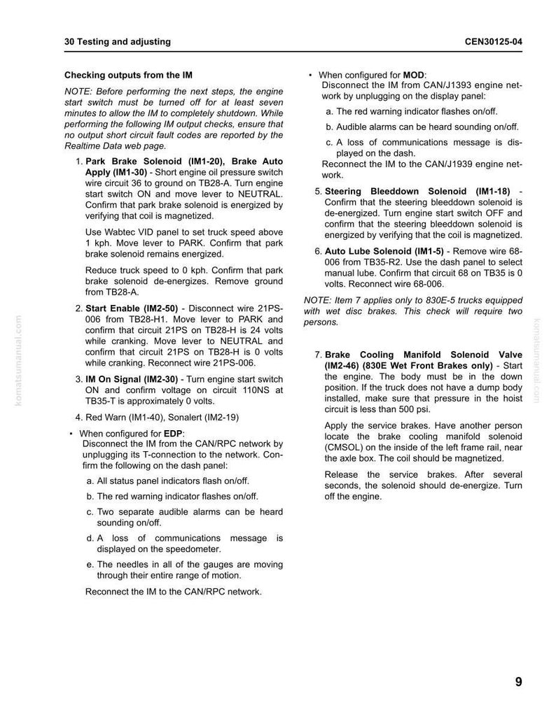 May include: A technical document page with the title "30 Testing and adjusting" and instructions for checking outputs from the IM. The page includes diagrams and numbered steps for various tests, such as the Park Brake Solenoid and Start Enable.