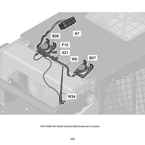May include: Diagram of a radio harness component location, labeled TX1214400. The image shows various parts including A7, B26, F12, X21, W8, B27, and W34. The harness is connected to a machine component, with a detailed view of the wiring.