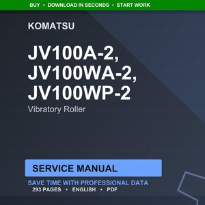 Puede incluir: Portada de documento digital azul oscuro con el logotipo de Komatsu y el texto "JV100A-2, JV100WA-2, JV100WP-2 Vibratory Roller". El documento es un manual de servicio con 293 p&aacute;ginas en ingl&eacute;s.