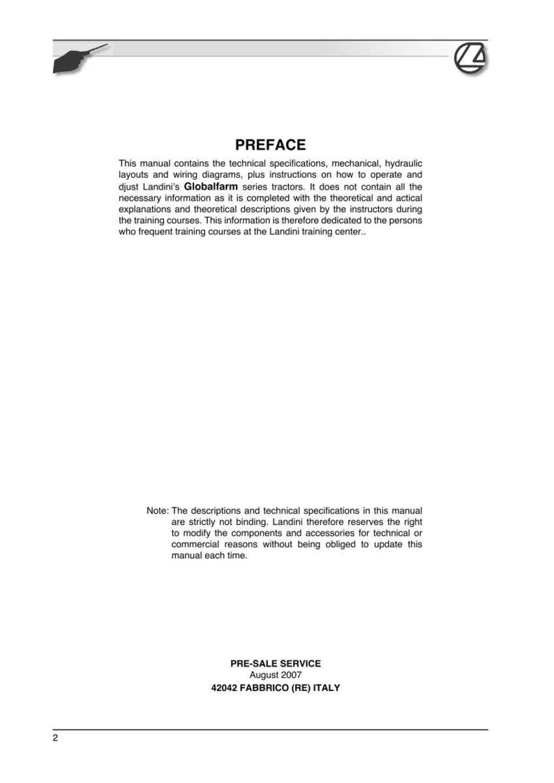 May include: A white manual page with the title "PREFACE" and text describing technical specifications, instructions, and Landini Globalfarm series tractors. Includes a note about non-binding descriptions and a "PRE-SALE SERVICE" section.