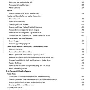 May include: A detailed contents page from a manual, listing components and procedures for agricultural machinery. The text includes terms like "Threshing Cylinder," "Straw Chopper," and "Grain Tank," with corresponding page numbers.
